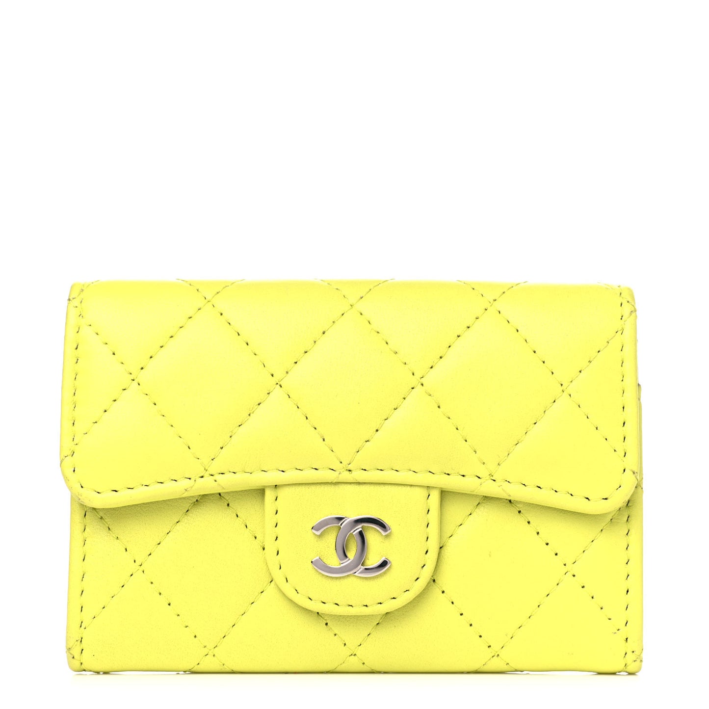 Lambskin Quilted Flap Card Holder Wallet Yellow