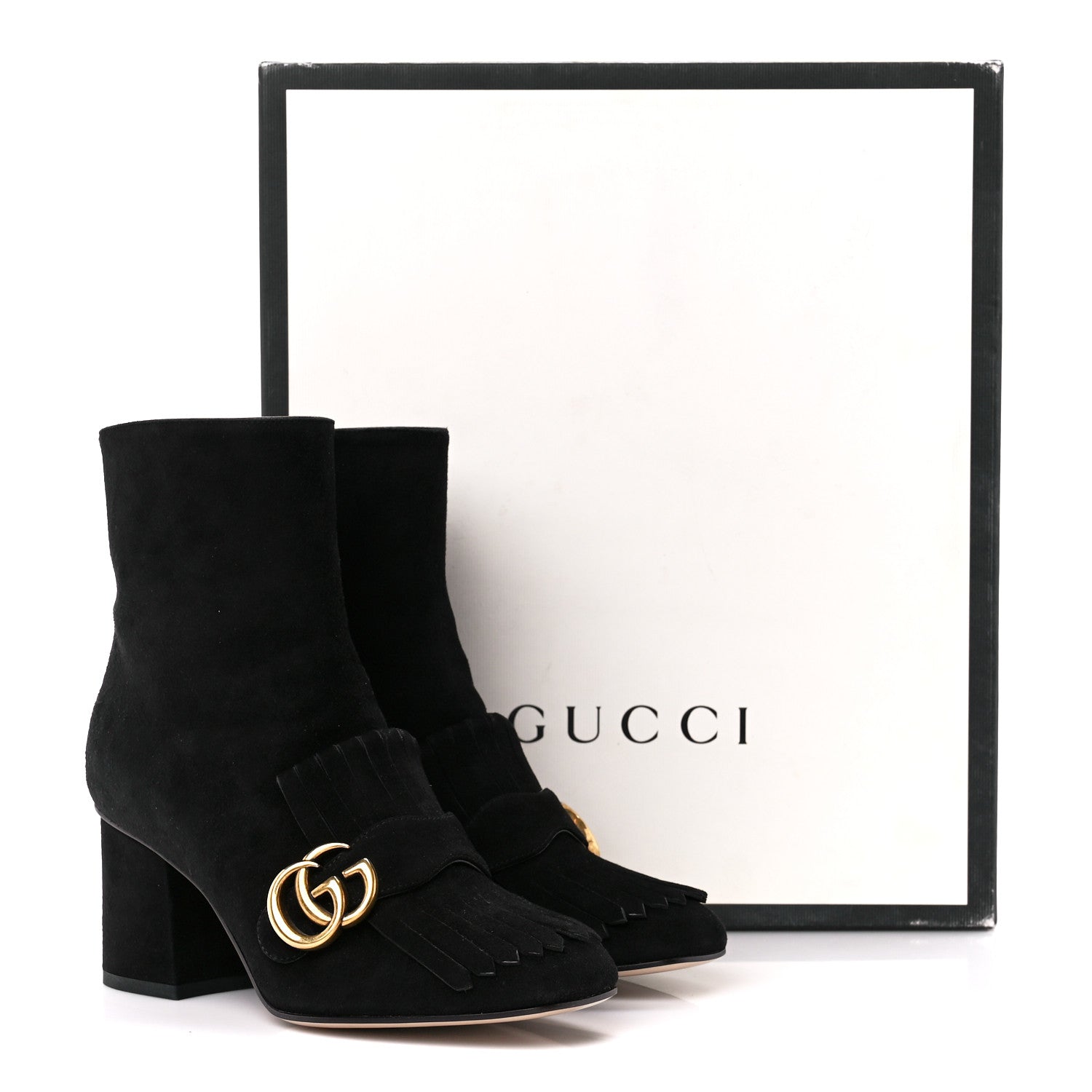 Gucci Kid Scamosciato GG Marmont Fringe 75mm Ankle Boots 36.5 Black 9 of 9