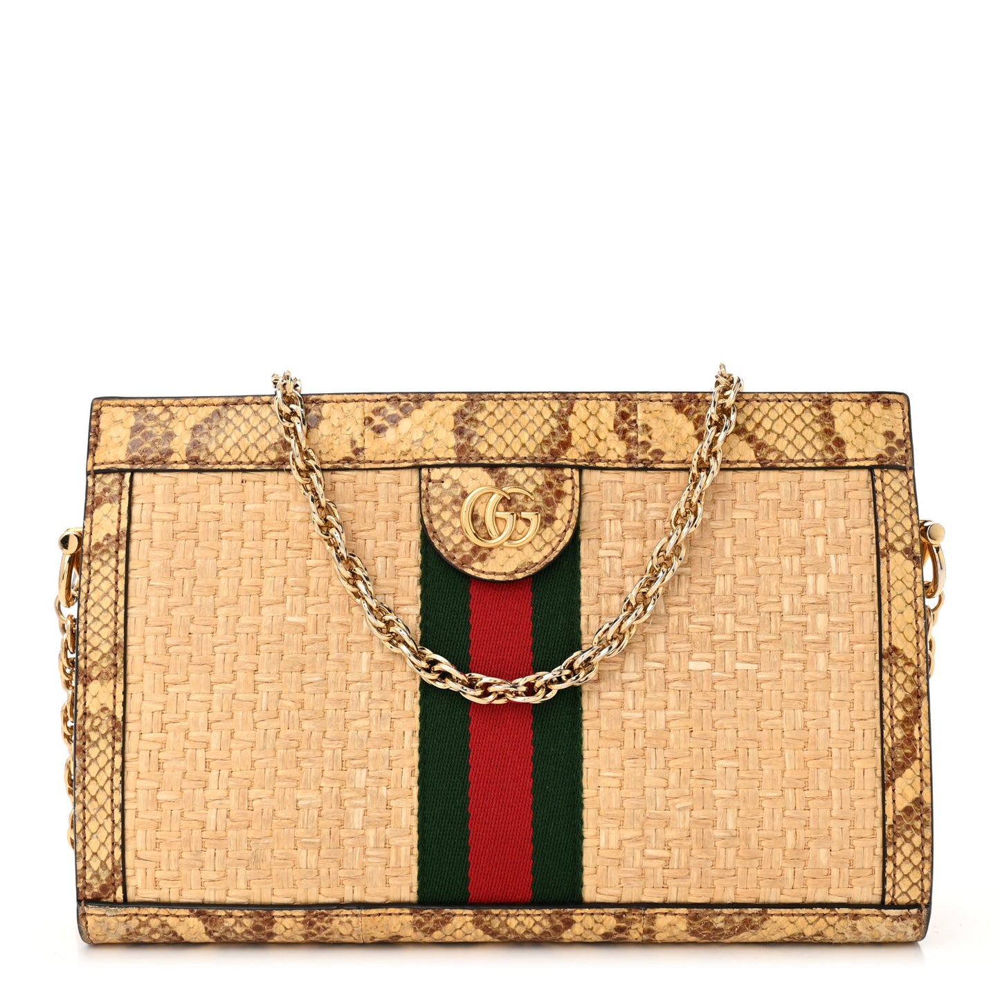 Raffia Elaphe GG Small Ophidia Chain Shoulder Bag Natural Cream Brown