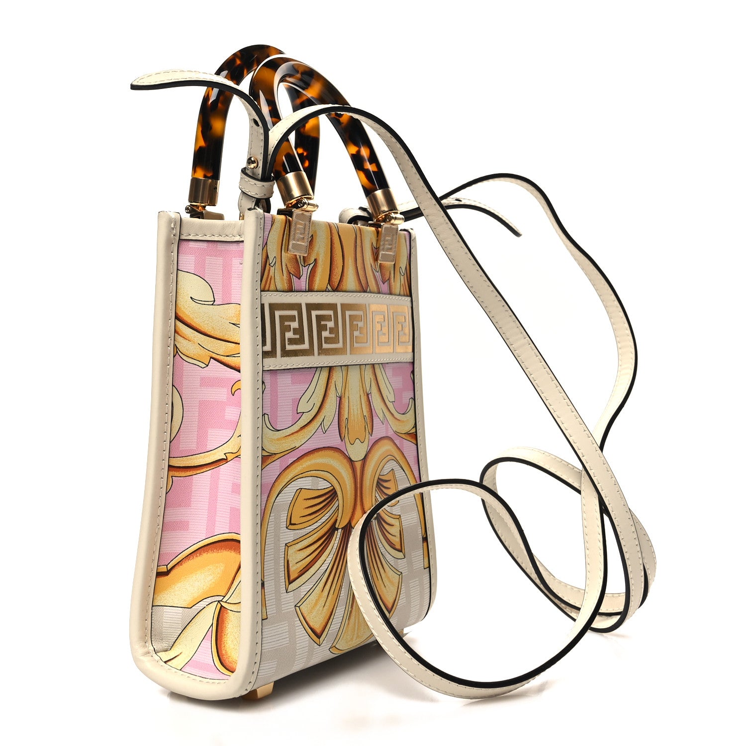 Fendi X VERSACE Calfskin Plexiglass Fendace FF Baroque Mini Fendi Sunshine Shopper Tote Gold Rosa White Ice Ciad 3 of 11