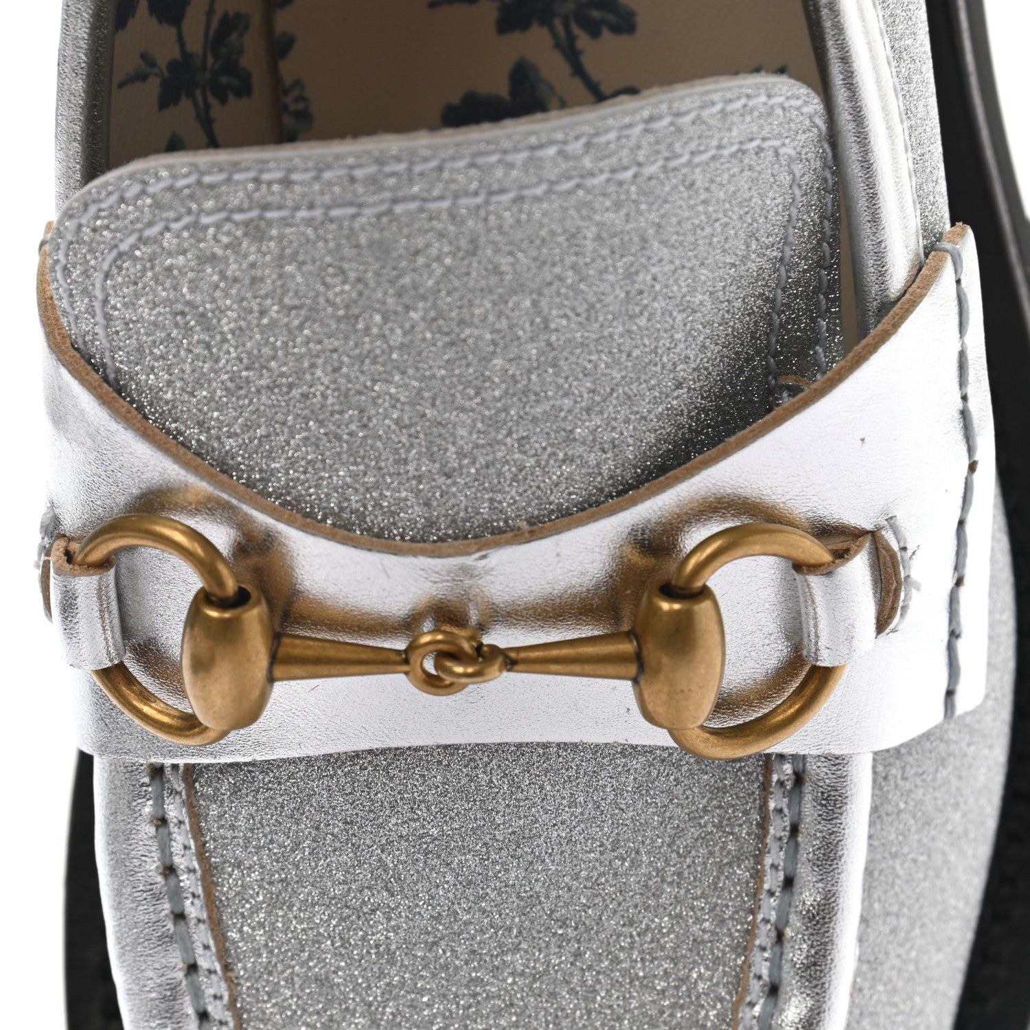 Gucci Mini Diamond Storm Silk Calfskin Womens Harald Horsebit 25mm Platform Loafers 38 Silver 9 of 12