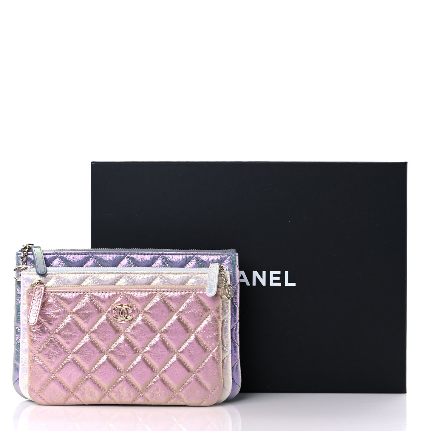 Iridescent Crumpled Calfskin Trio Cosmetic Case Blue Pink Ivory