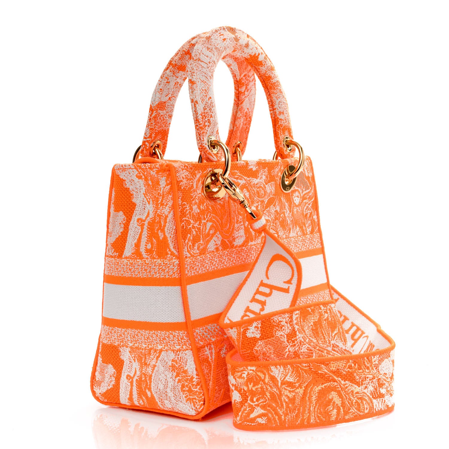 Christian Dior Canvas Toile De Jouy Reverse Embroidered Medium Lady D-Lite Fluorescent Orange 3 of 10