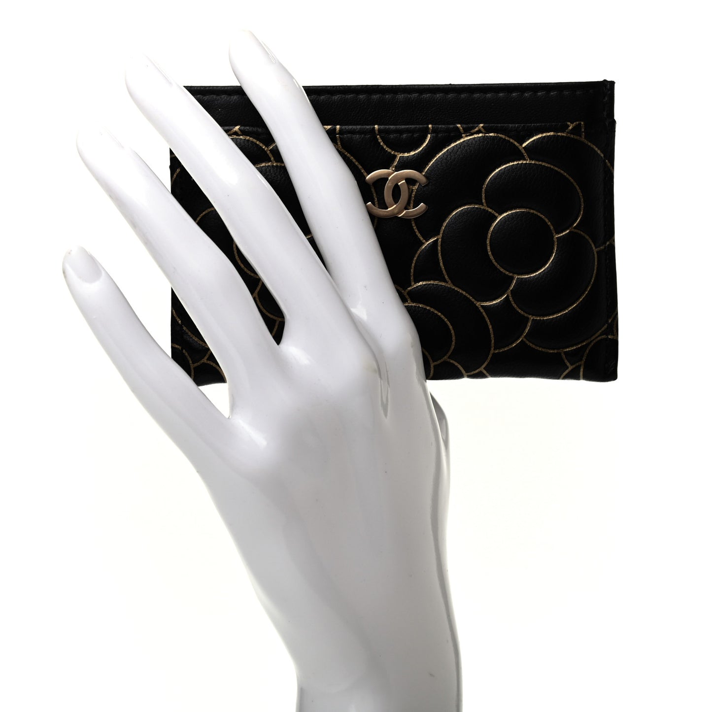 Lambskin Camellia Embossed Card Holder Black Gold