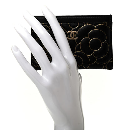 Chanel Lambskin Camellia Embossed Card Holder Black Gold 2 of 7
