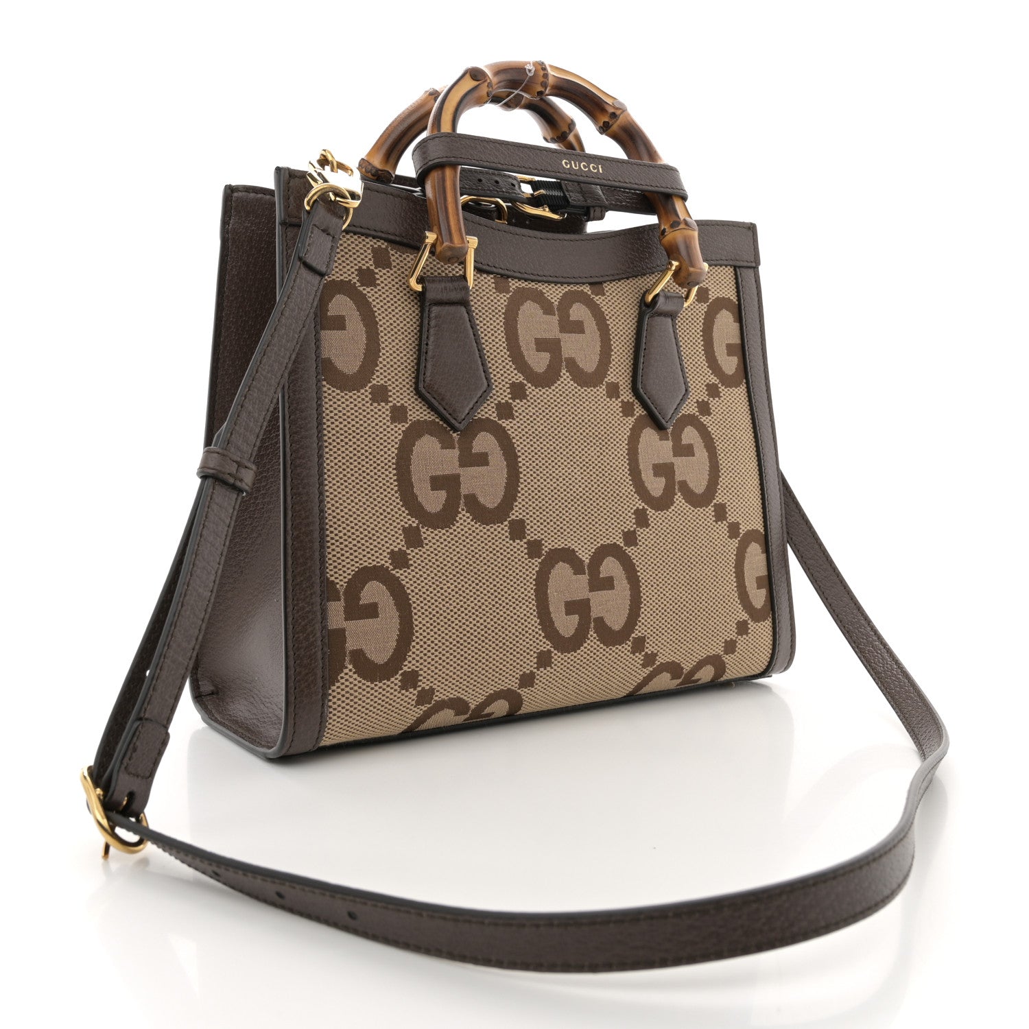 Gucci Monogram Jumbo GG Textured Dollar Calfskin Small Diana Tote Bag Camel Ebony New Acero 3 of 10