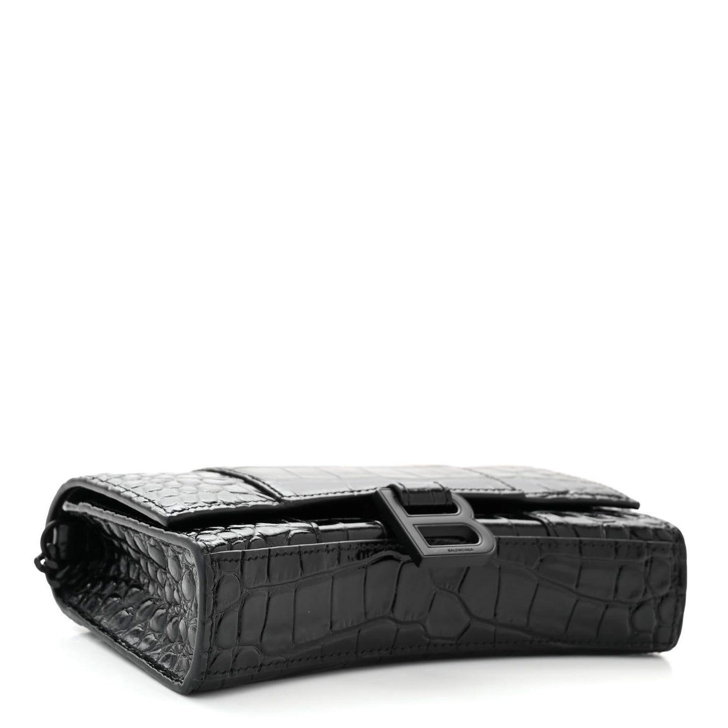 Shiny Calfskin Monochrome Crocodile Embossed Hourglass Chain Bag Black