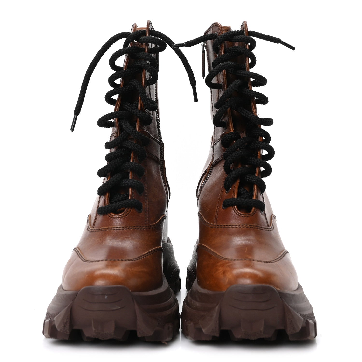 Miu Miu Distressed Calfskin Platform Wedge Lace Up Combat Boots 40 Brown 3 of 8