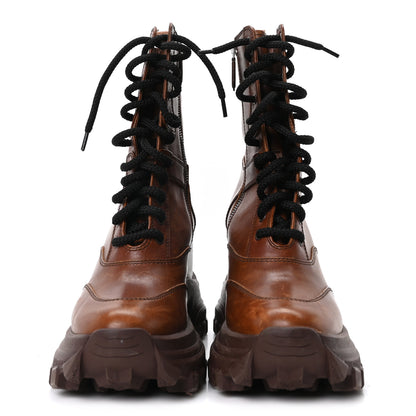 Miu Miu Distressed Calfskin Platform Wedge Lace Up Combat Boots 40 Brown 3 of 8