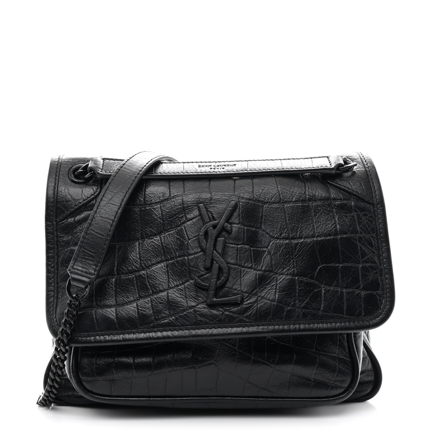 Calfskin Crocodile Embossed Matelasse Monogram Baby Niki Chain Satchel Black