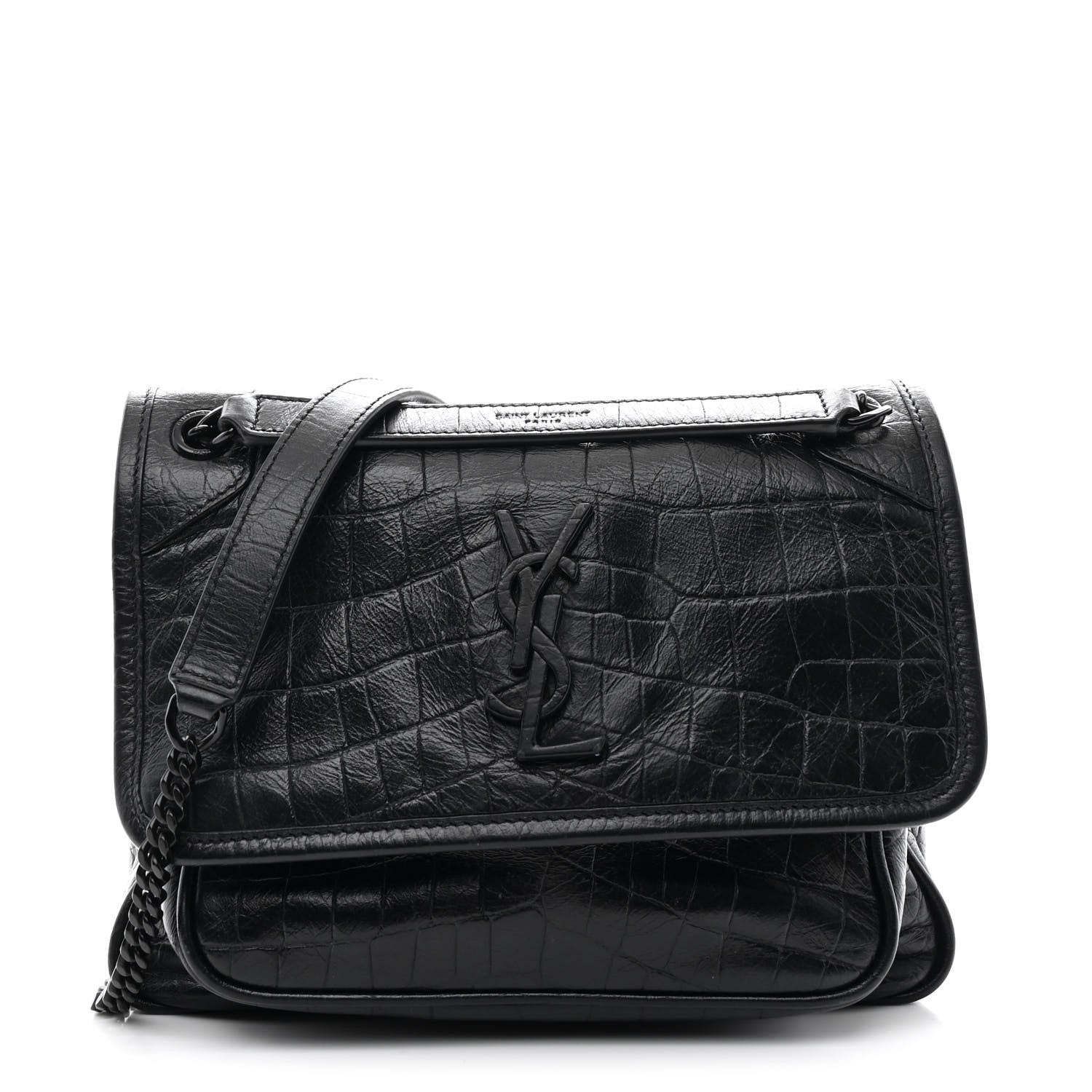 Saint Laurent Calfskin Crocodile Embossed Matelasse Monogram Baby Niki Chain Satchel Black 1 of 11