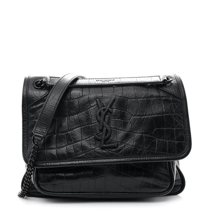 Saint Laurent Calfskin Crocodile Embossed Matelasse Monogram Baby Niki Chain Satchel Black 1 of 11
