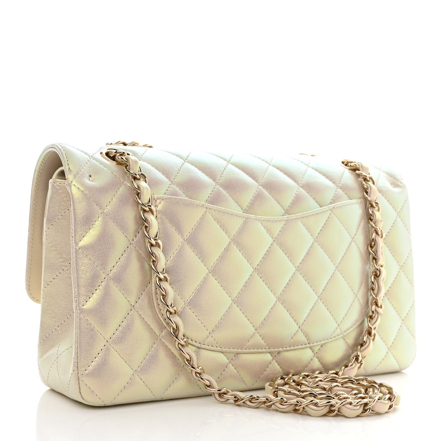 Iridescent Lambskin Quilted Medium Double Flap Ivory