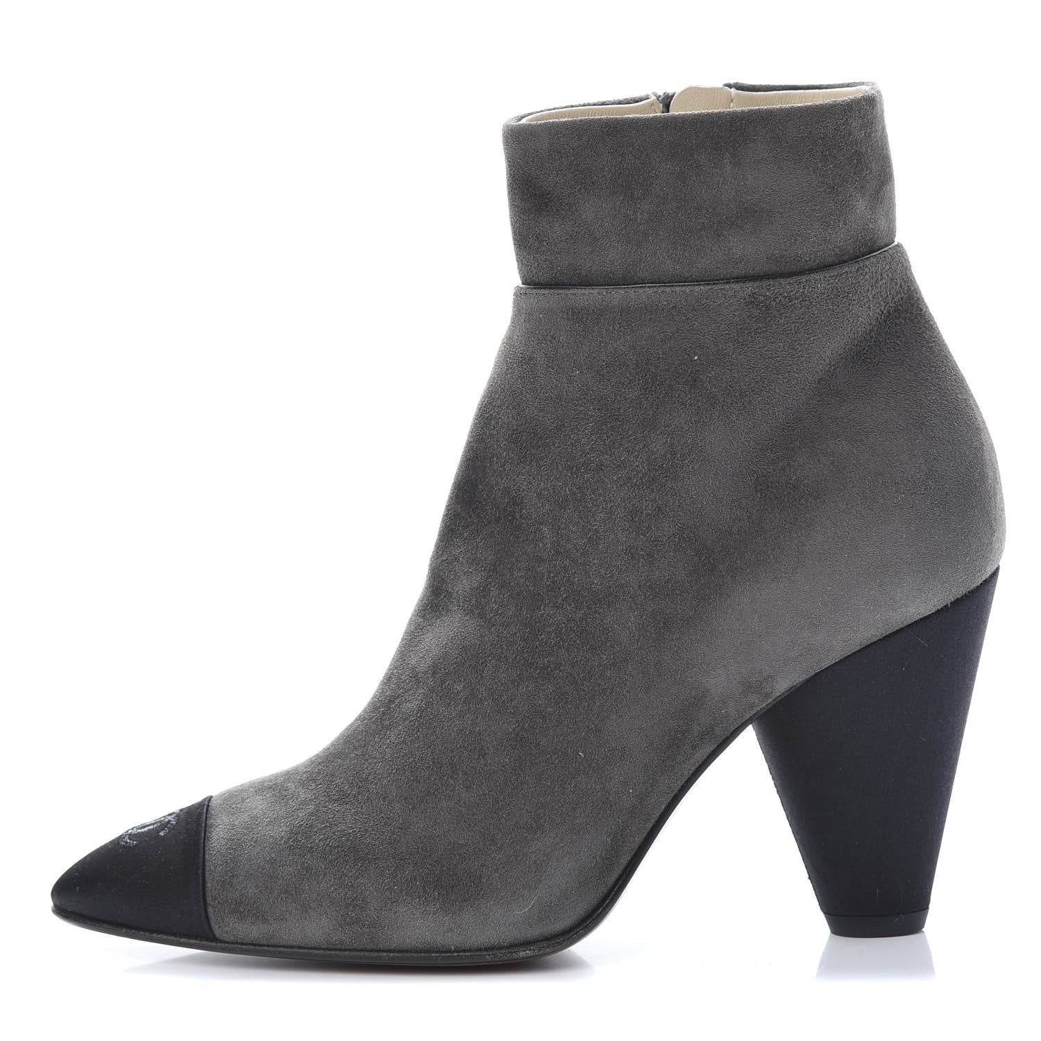 Chanel Suede Calfskin Satin Cap Toe Short Boots 37.5 Grey Black 1 of 11