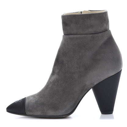 Chanel Suede Calfskin Satin Cap Toe Short Boots 37.5 Grey Black 1 of 11