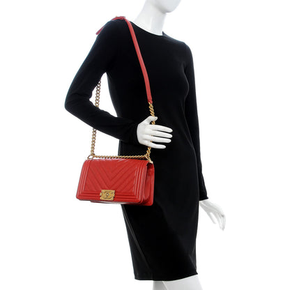 Chanel Caviar Chevron Quilted Medium Boy Flap Red 2 of 8