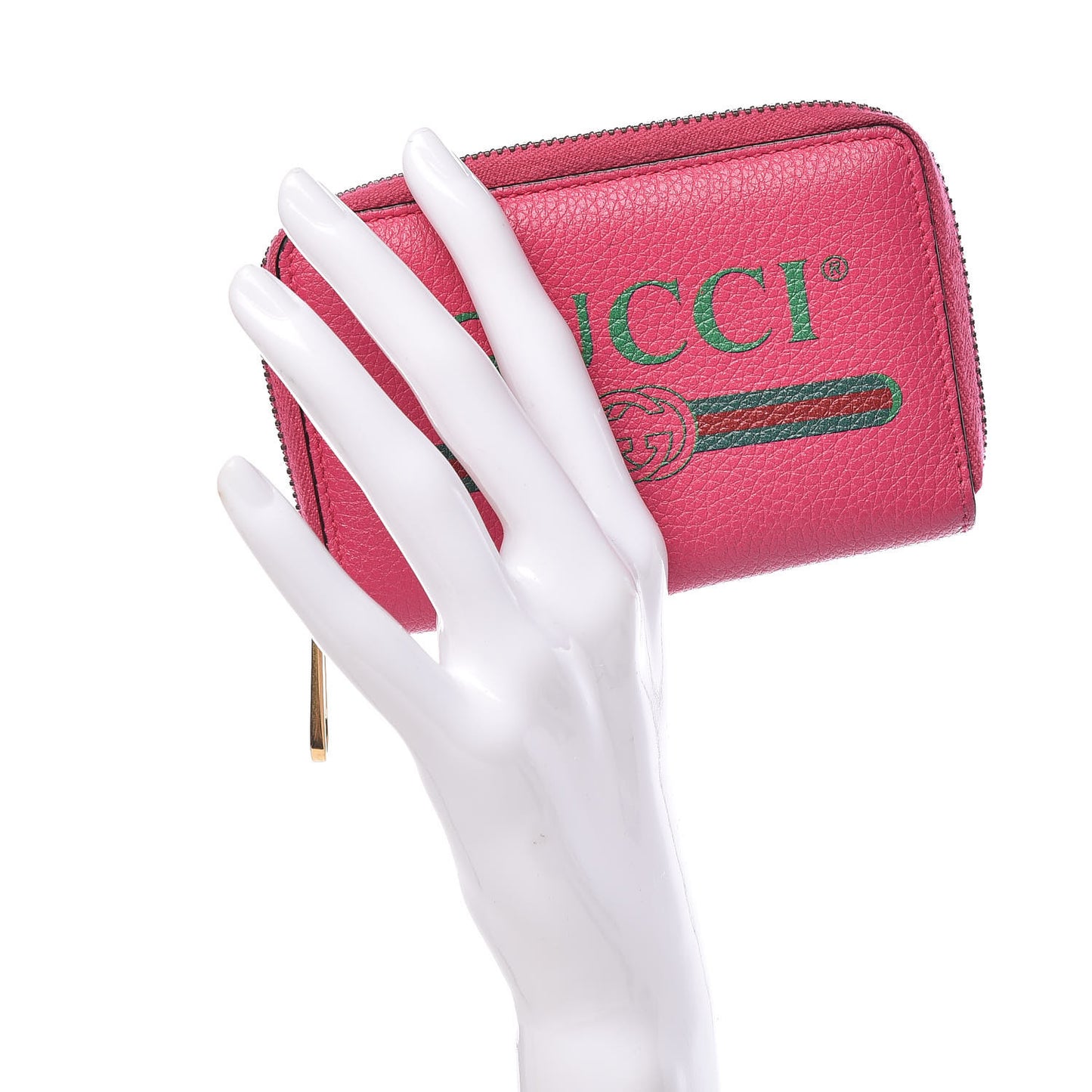 Grained Calfskin Logo Zip Around Card Case Box Pink Green