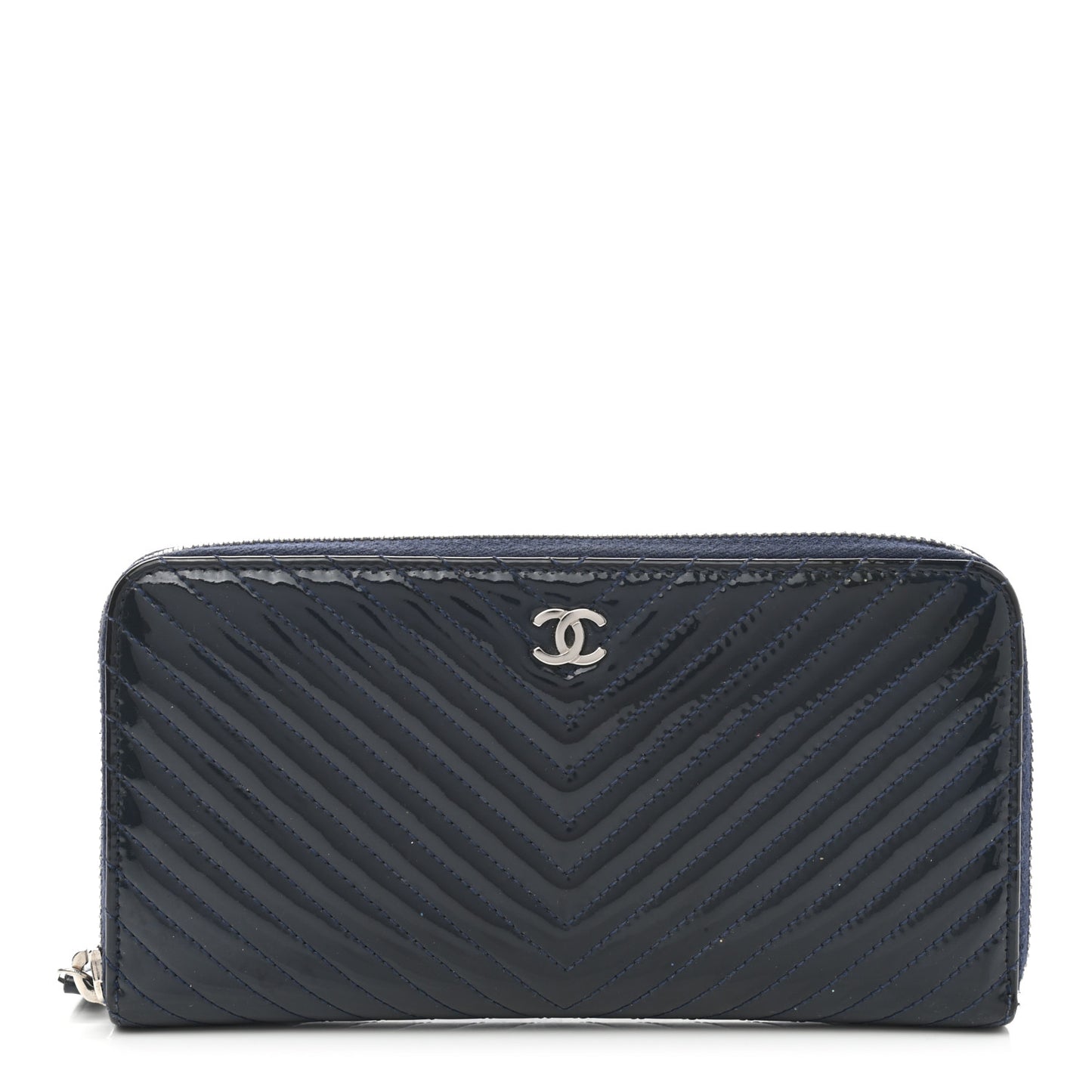 Patent Chevron Zip Around Wallet Blue
