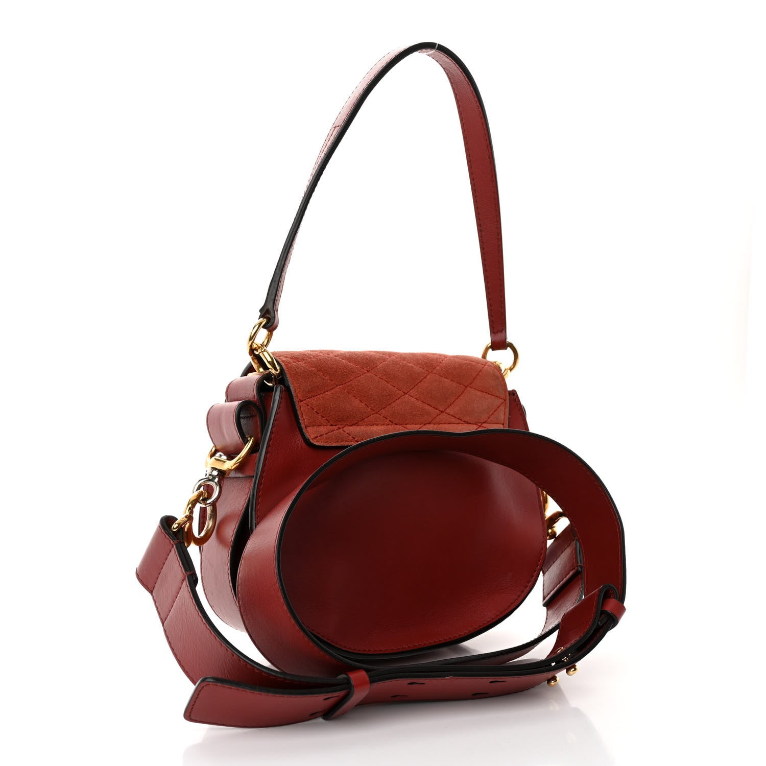 Chloe Suede Calfskin Quilted Embroidered Small Tess Saddle Bag Reddish Brown 3 of 12
