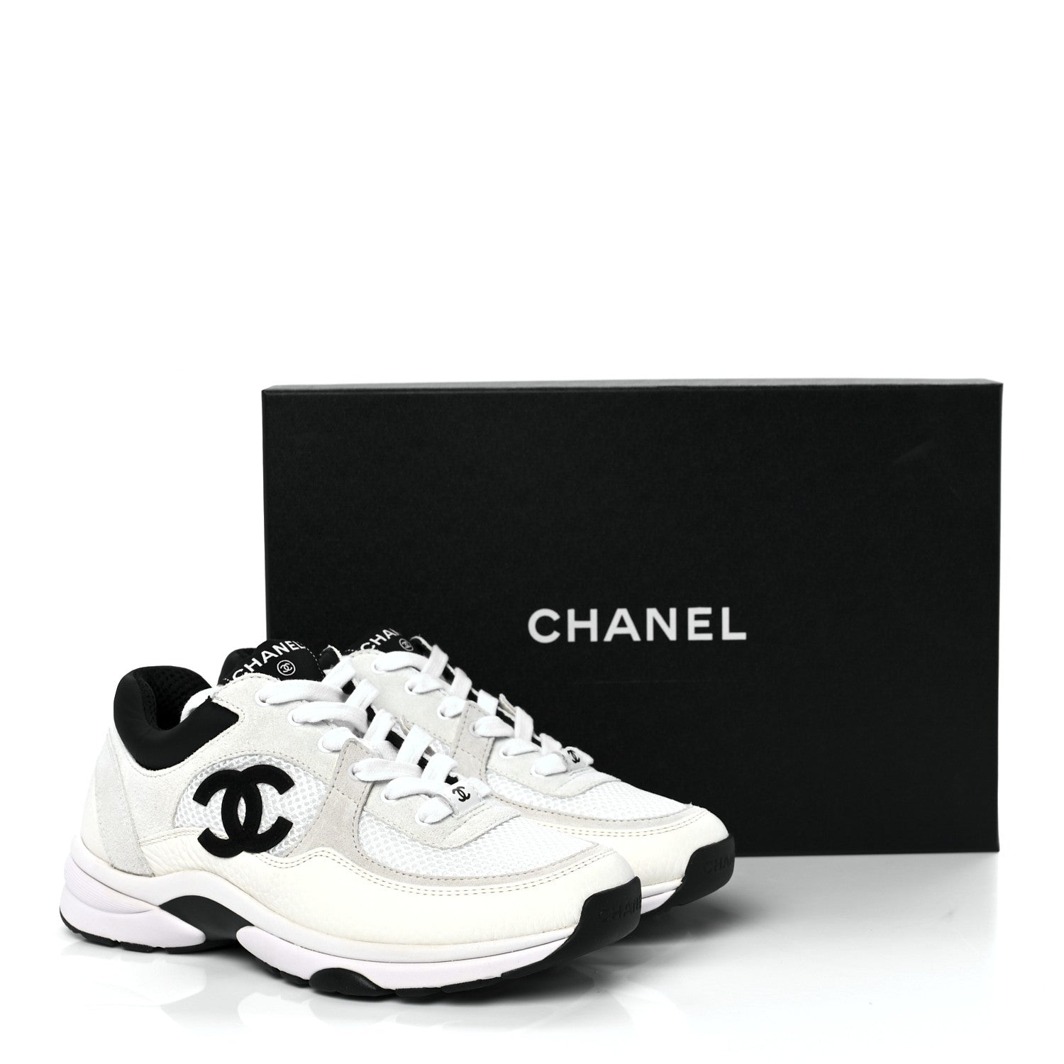 Chanel Mesh Suede Calfskin Grained Calfskin Womens CC Sneakers 37 White Black 9 of 9