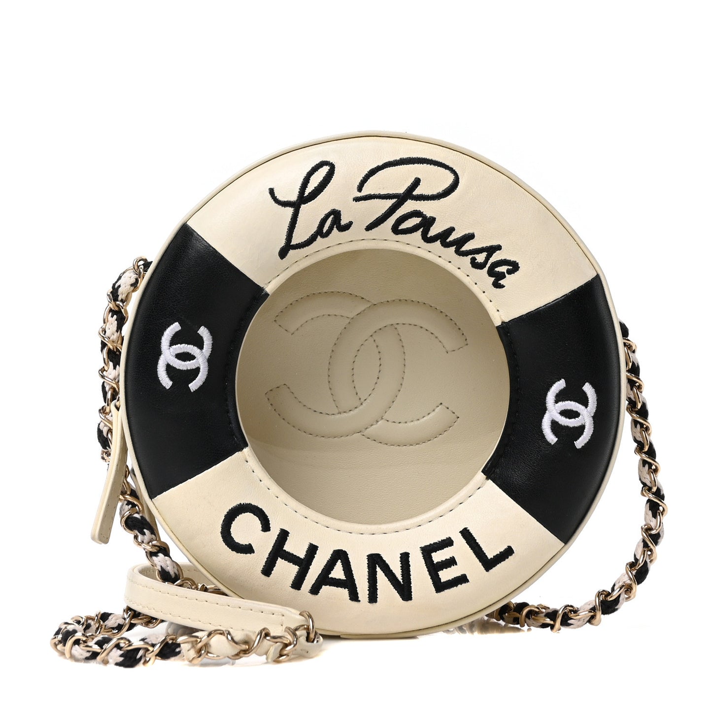 Lambskin Coco Lifesaver Round Bag Black White