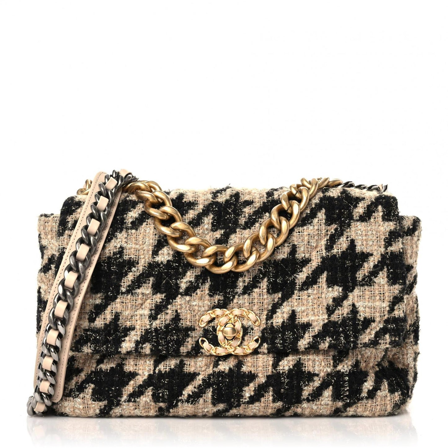 Tweed Large Chanel 19 Flap Beige Black