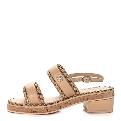 Chanel Lambskin Cork Chain Sandals 37 Beige 1 of 9