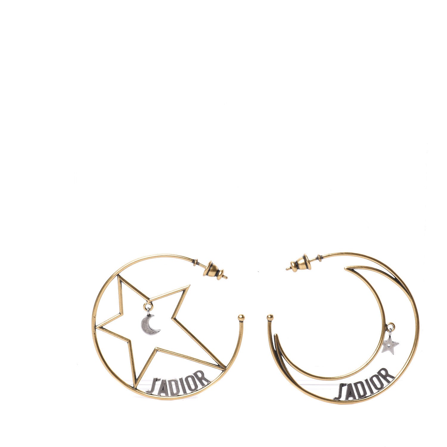 Christian Dior Metal Moon Star J'Adior Asymmetrical Hoop Earrings Gold Palladium 1 of 5