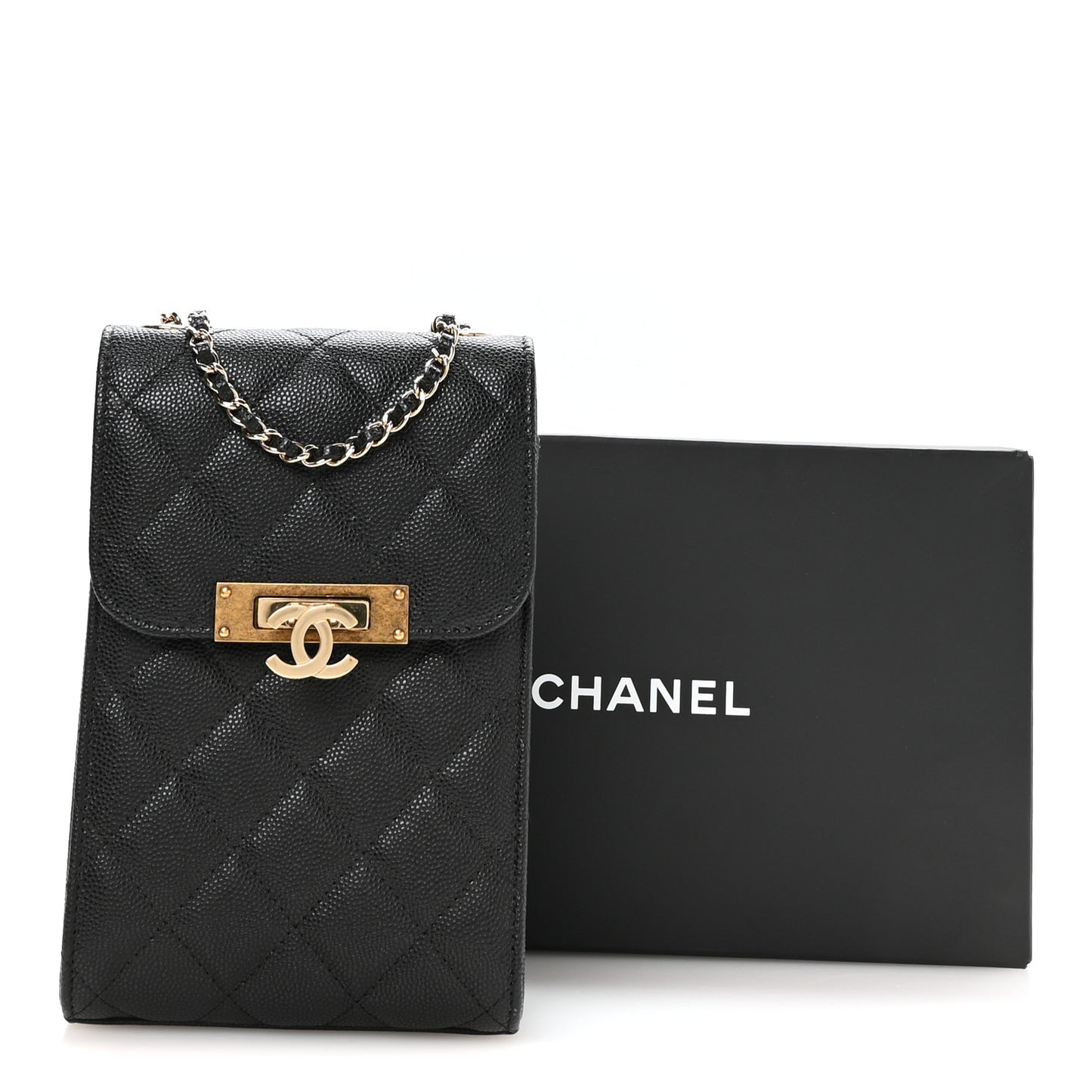 Caviar Quilted Golden Class Phone Holder Black