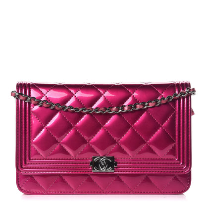 Chanel Metallic Patent Calfskin Quilted Boy Wallet On Chain WOC Fuchsia 1 of 13