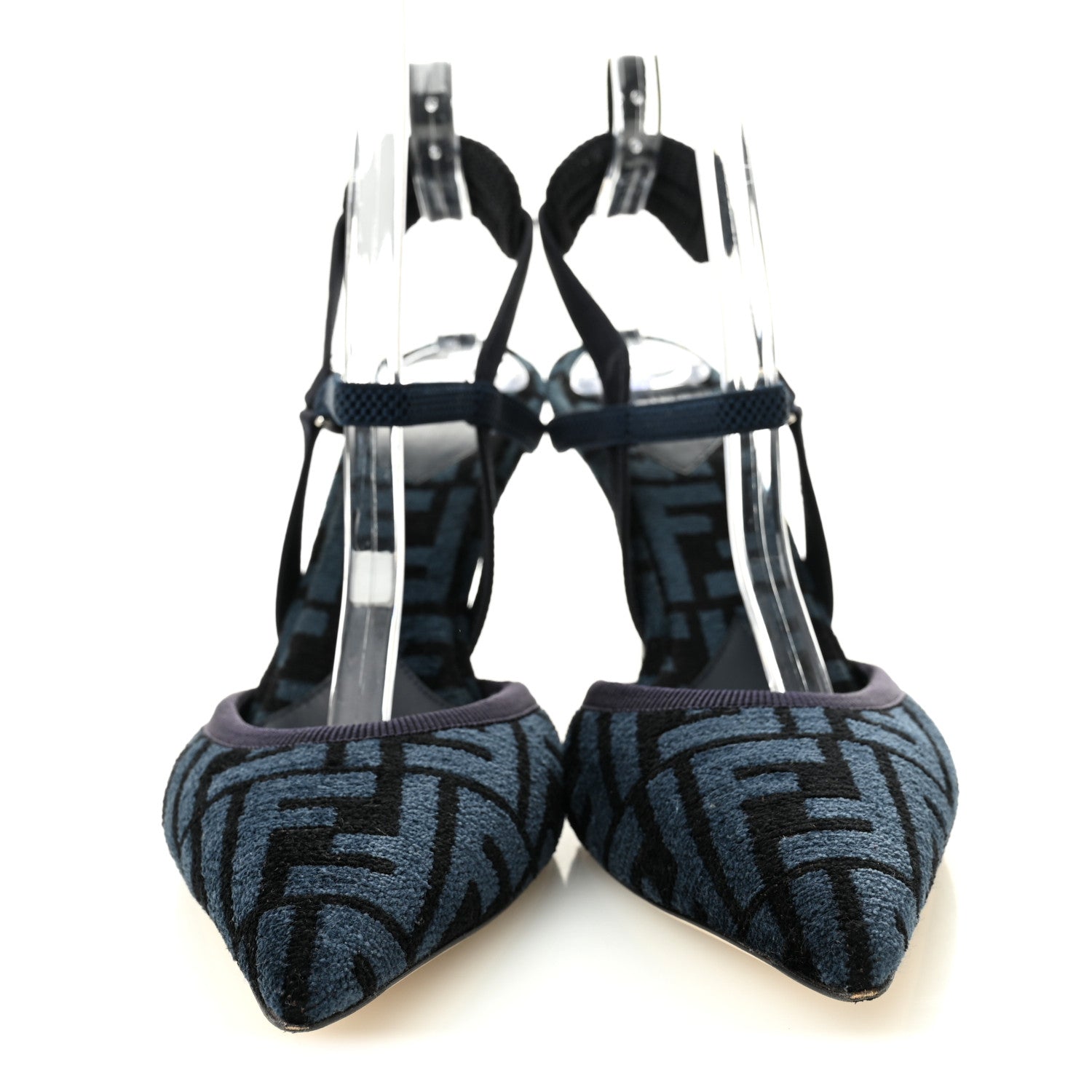 Fendi Fabric Jacquard FF Colibri Lite 85mm Slingback Pumps 38 Black Blue 2 of 7