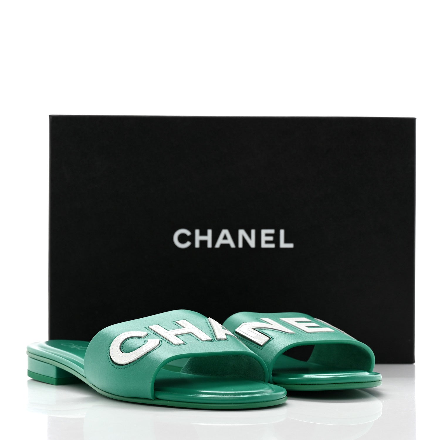 Chanel Calfskin Patent Calfskin Logo Mules 38 Green White 14 of 14
