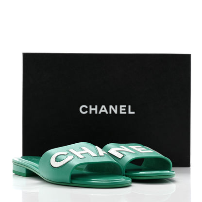 Chanel Calfskin Patent Calfskin Logo Mules 38 Green White 14 of 14