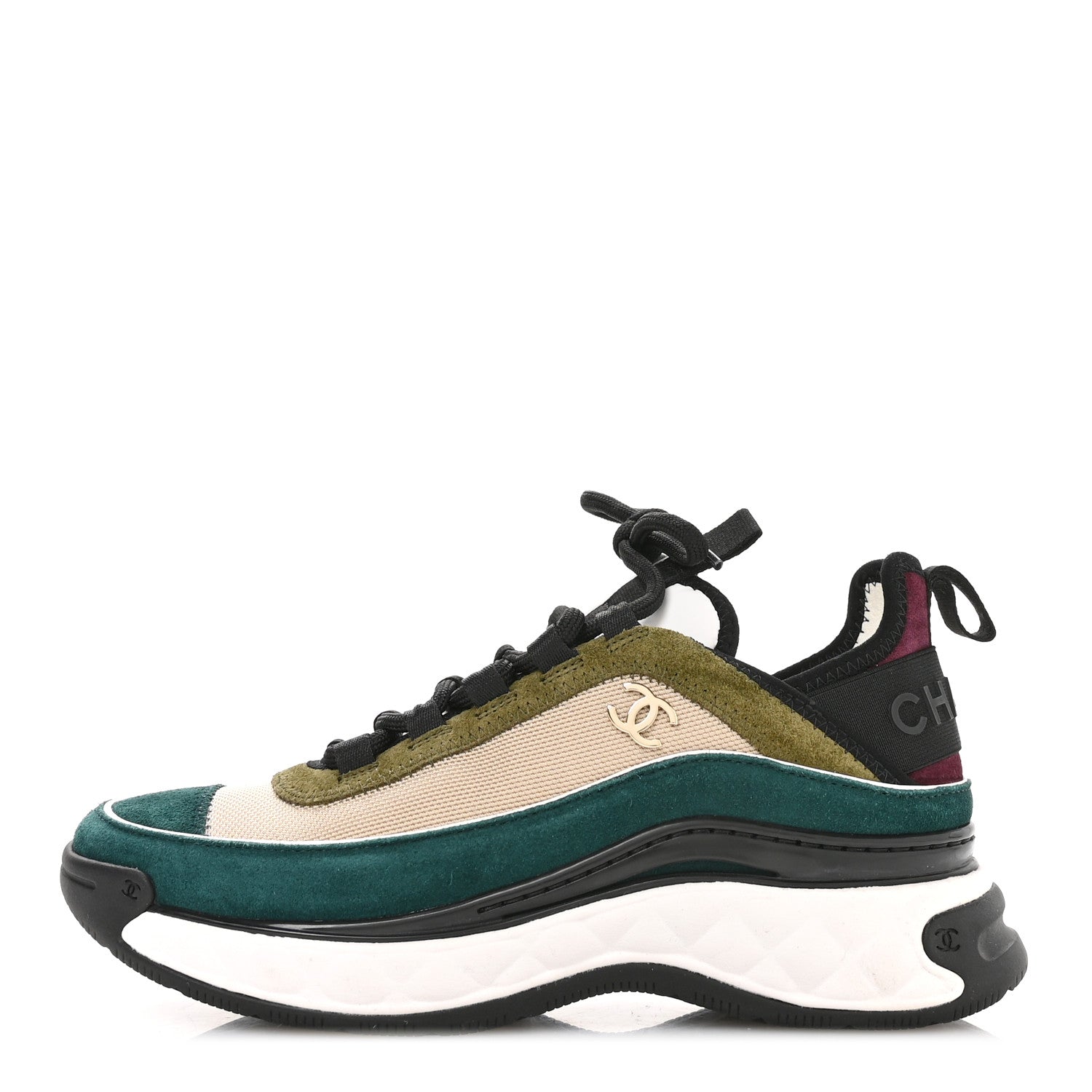 Chanel Fabric Suede CC Sneakers 36.5 Beige Dark Green Green 1 of 8