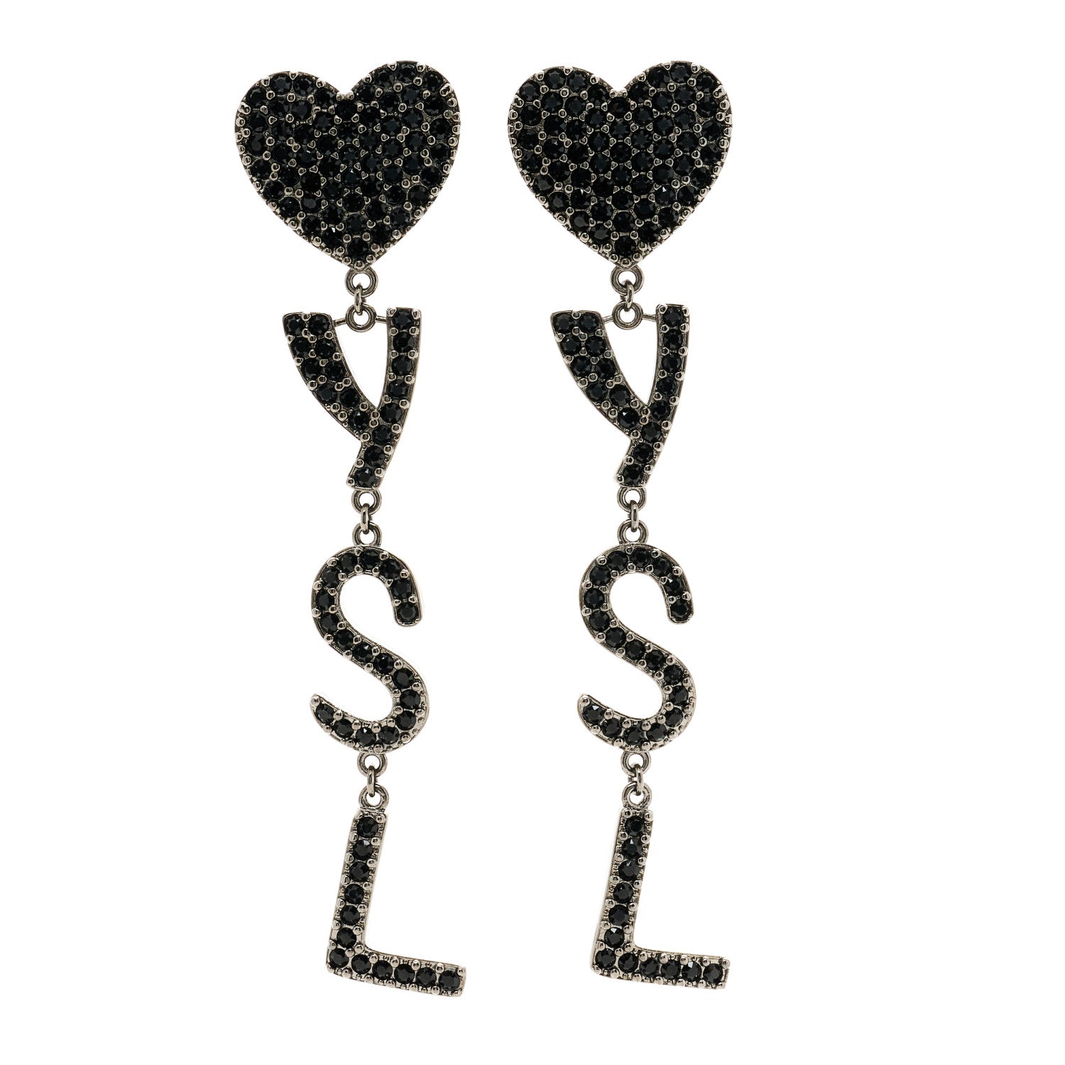 Saint Laurent Brass Crystal Monogram Heart Drop Clip Earrings Silver 1 of 4