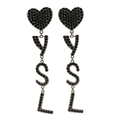Saint Laurent Brass Crystal Monogram Heart Drop Clip Earrings Silver 1 of 4