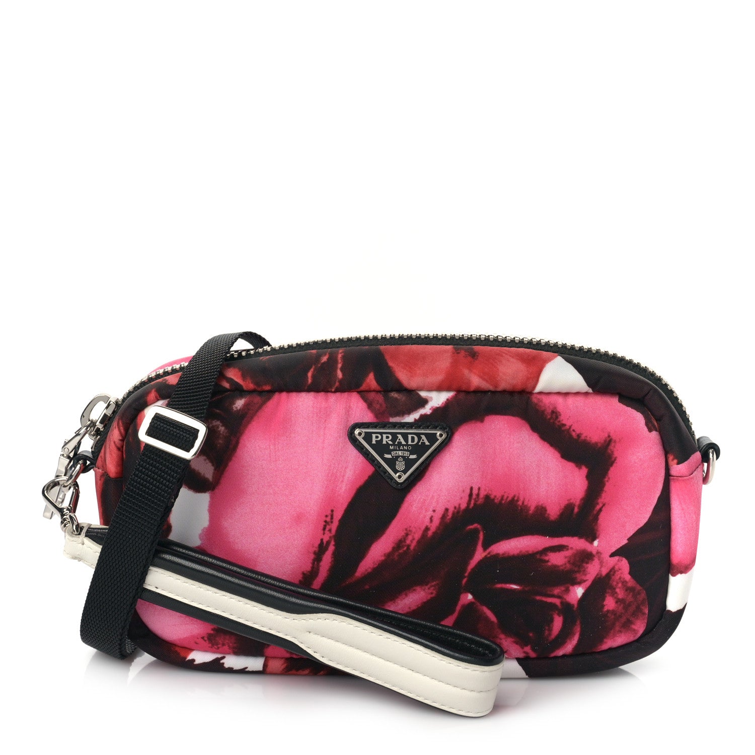 Prada Tessuto Soft Nylon Small Roses Print Convertible Crossbody Wristlet Pink 1 of 7