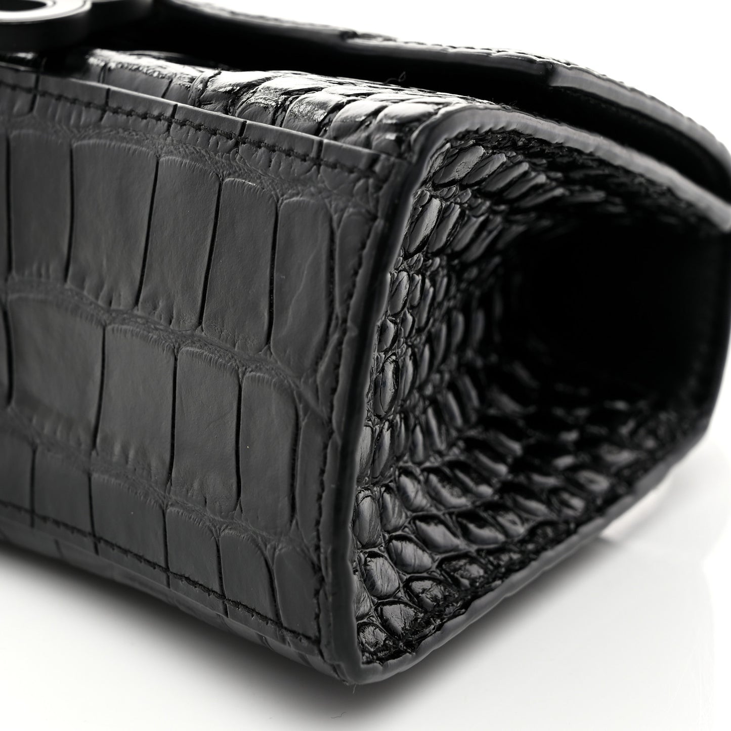 Shiny Calfskin Monochrome Crocodile Embossed Hourglass Top Handle Bag XS Black