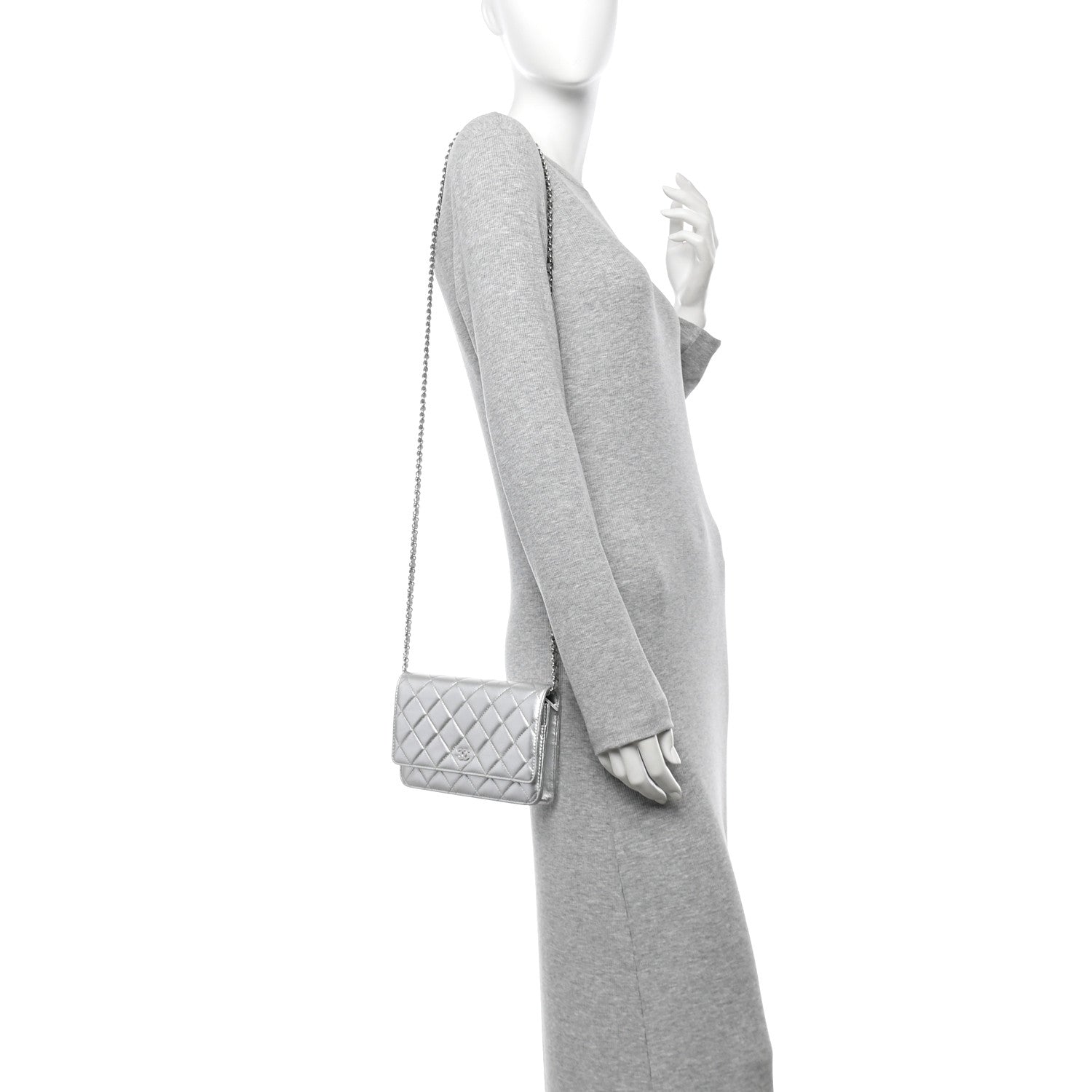 Chanel Metallic Lambskin Quilted Wallet On Chain WOC Silver 2 of 12