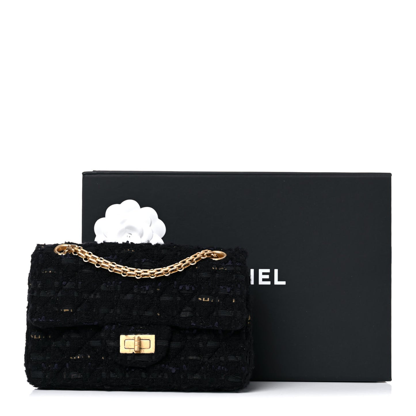 Tweed Quilted Mini 2.55 Reissue Flap Black Gold Navy