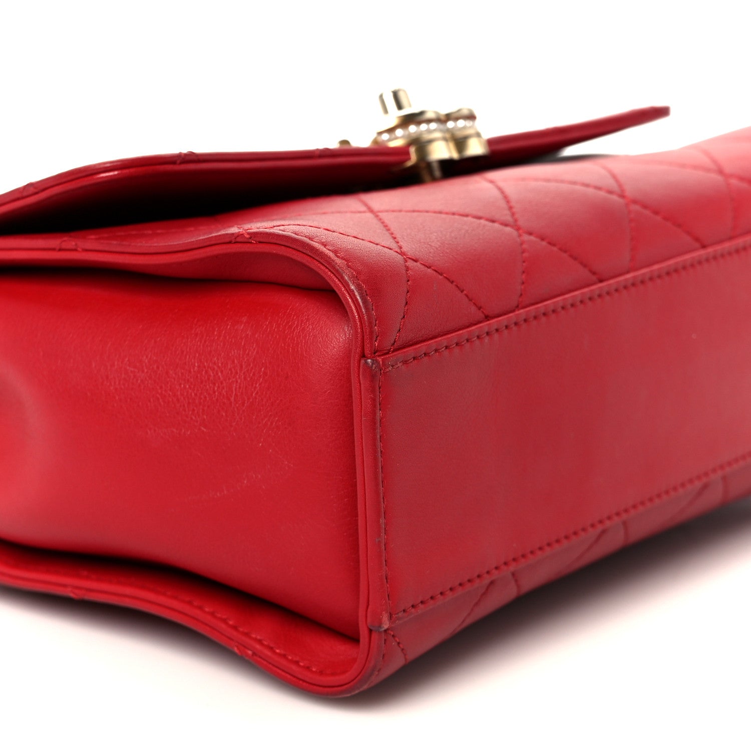 Chanel Lambskin Stitched Pearl Logo Top Handle Flap Red 1800210