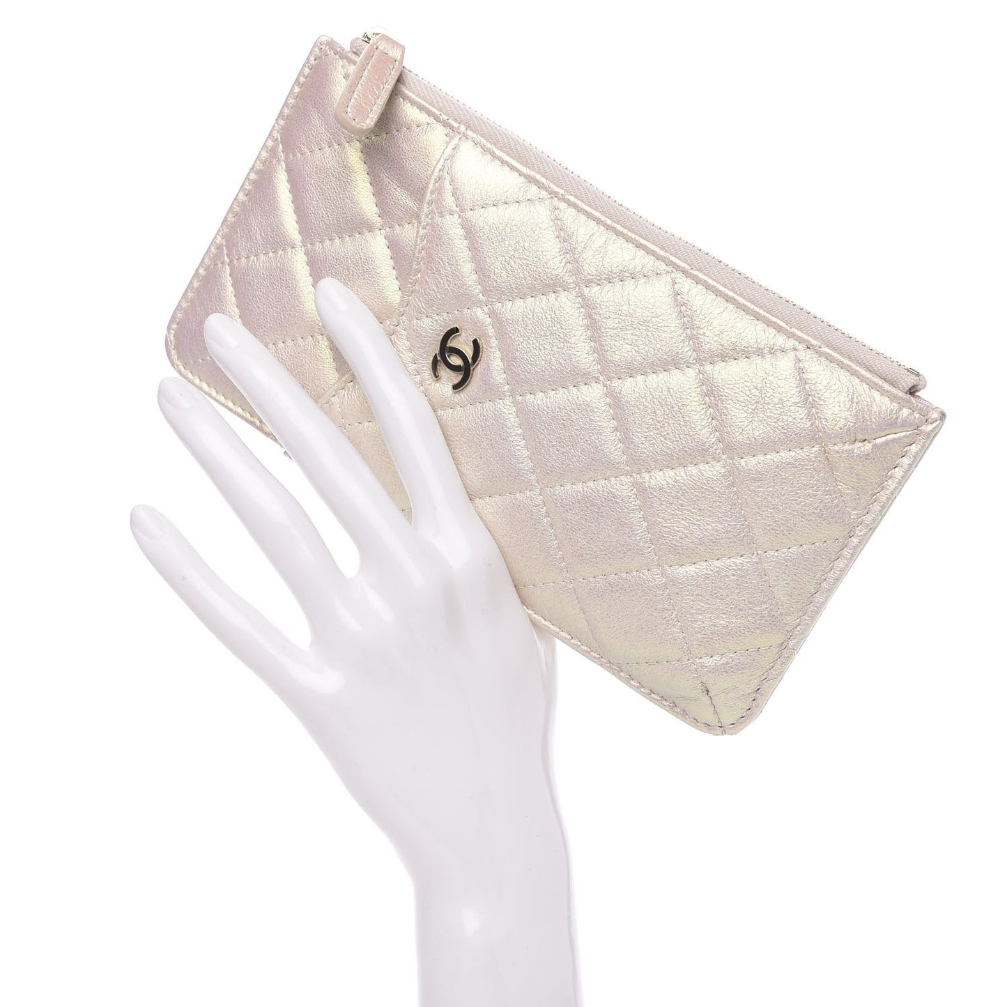 Iridescent Lambskin Quilted Classic Flat Wallet Pouch Ivory