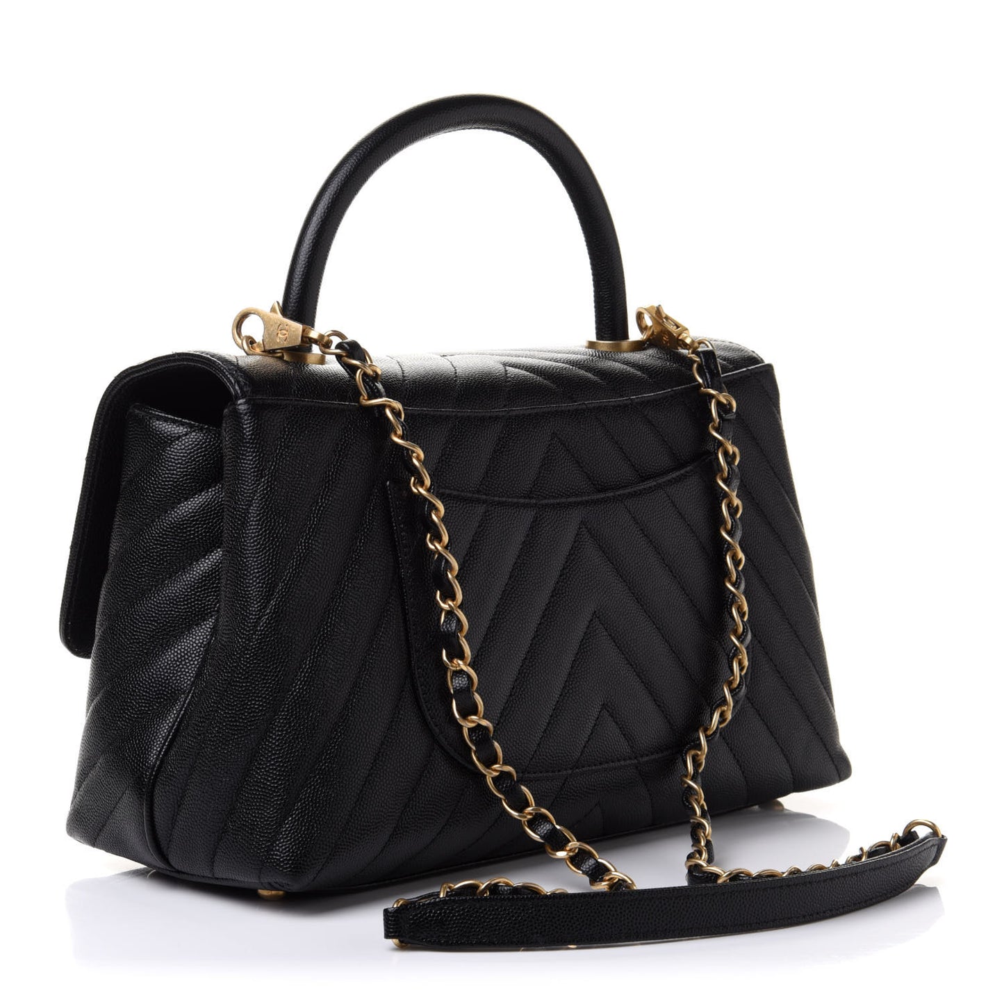 Caviar Chevron Quilted Small Coco Handle Flap Black