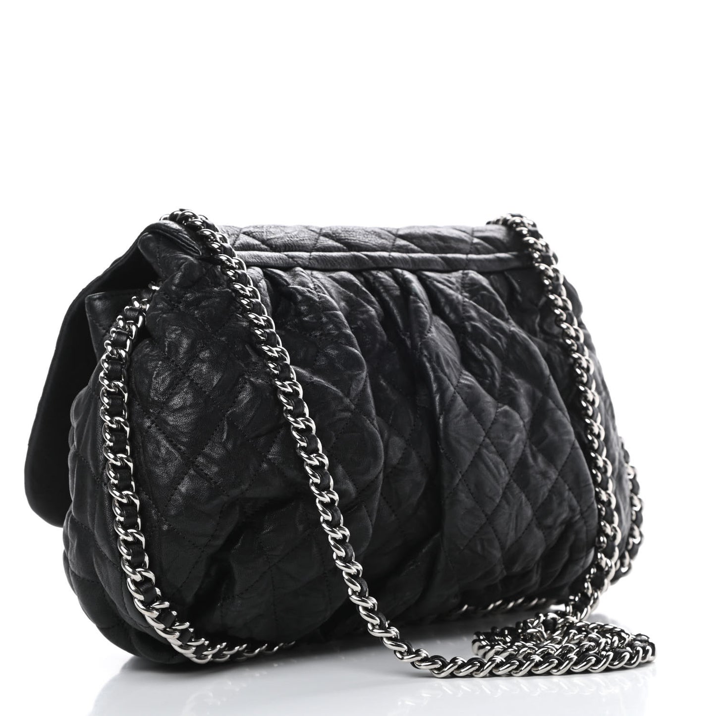 Washed Lambskin Quilted Large Chain Around Flap Black