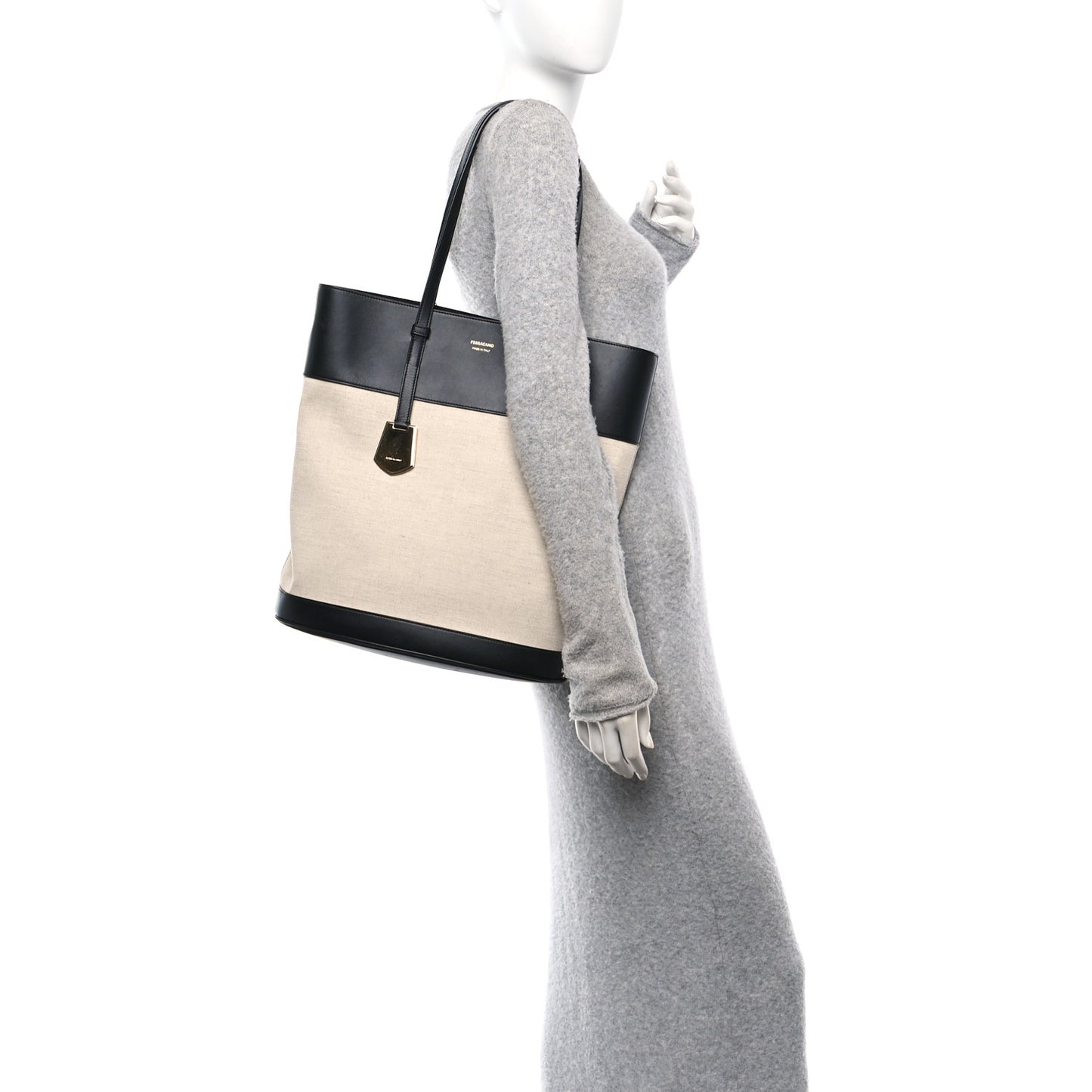 Canvas Calfskin North South Charming Tote Natural Black