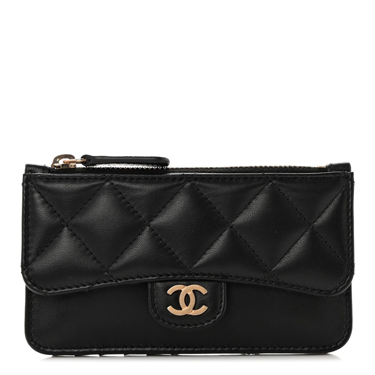 Lambskin Quilted Flap Zip Card Holder Black