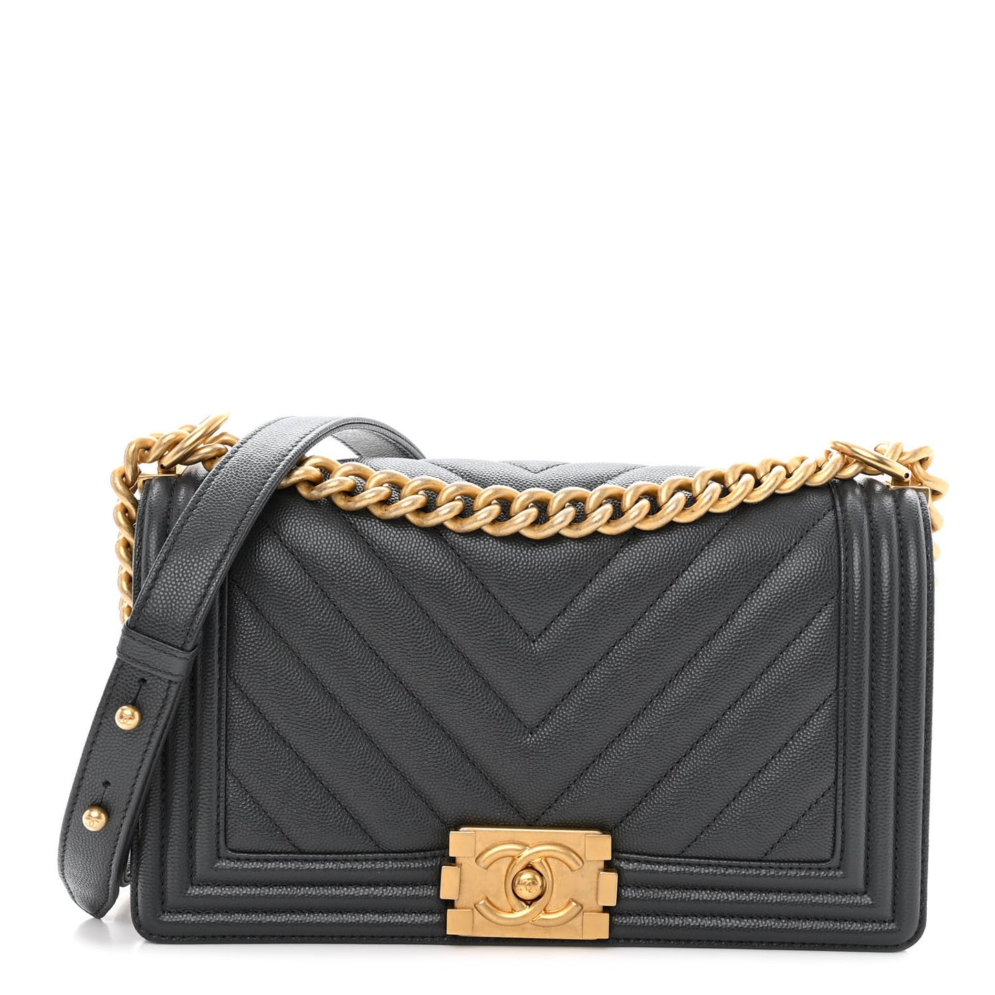 Caviar Chevron Quilted Medium Boy Flap Dark Grey