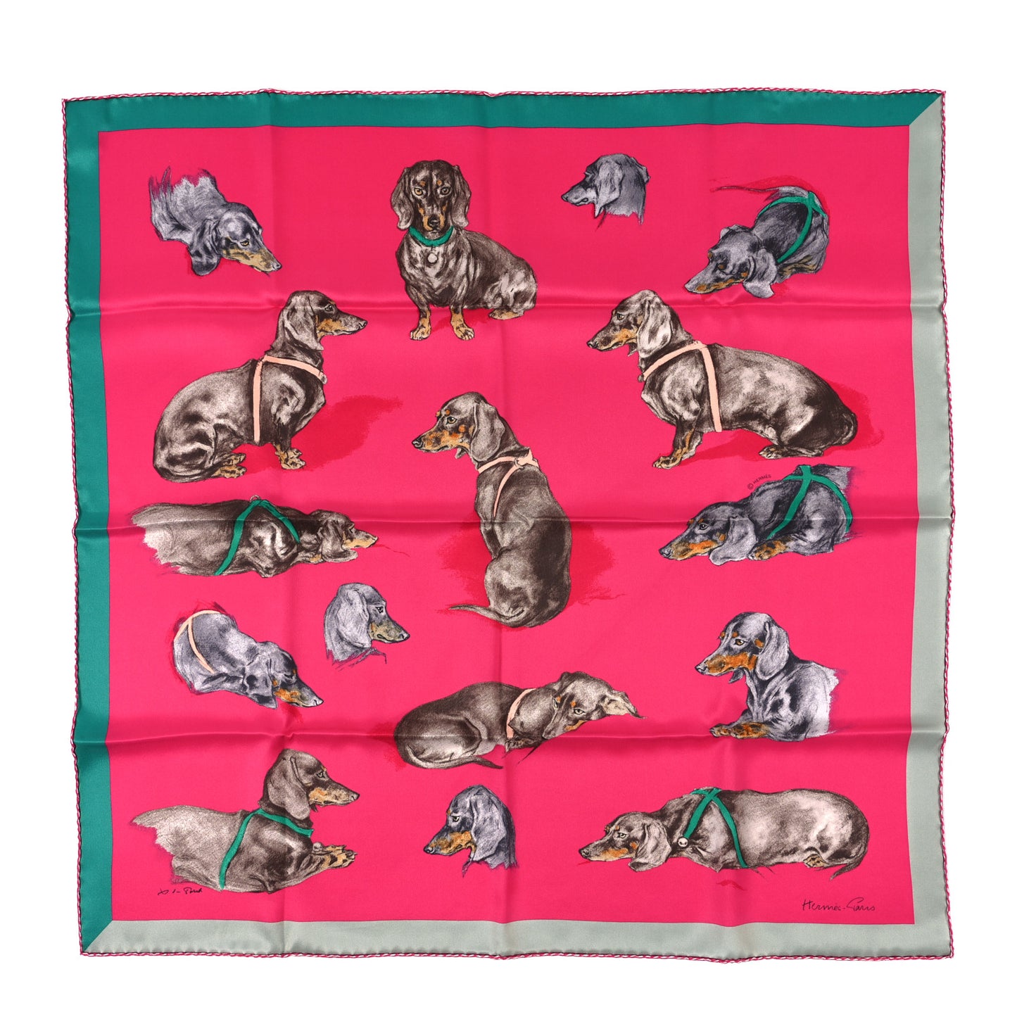 Silk Les Bassets Scarf 70 Fuchsia Etoupe Vert