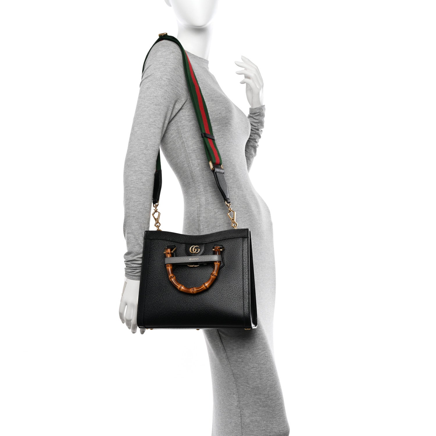 Gucci Textured Dollar Calfskin Web Small Diana Tote Bag Black Dusty Grey 2 of 10