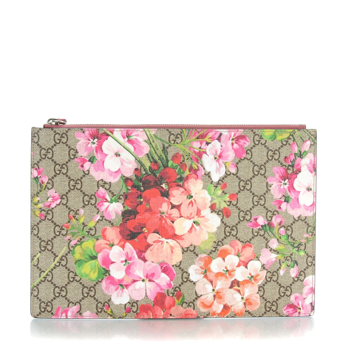 GG Supreme Monogram Blooms Suede Large Zip Pouch Beige Multicolor Dry Rose